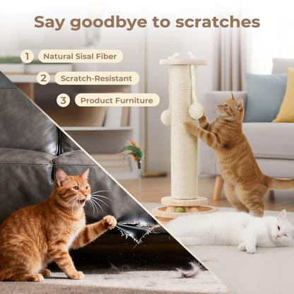 skylos 71cm Cat Scratching Post with Plush Resting Platform Natural Sisal,Anti-Tip,Easy Assembly,Grey