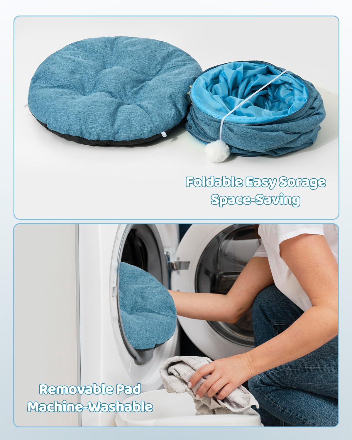 Odoland Cat Tunnel with Bed, Foldable Large Pet Donut Tunnel Bed in Linen