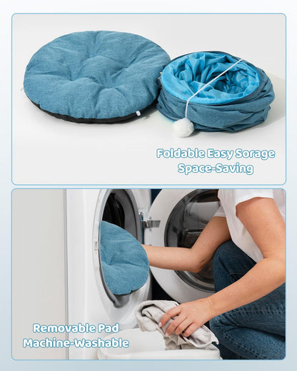 Odoland Cat Tunnel with Bed, Foldable Large Pet Donut Tunnel Bed in Linen