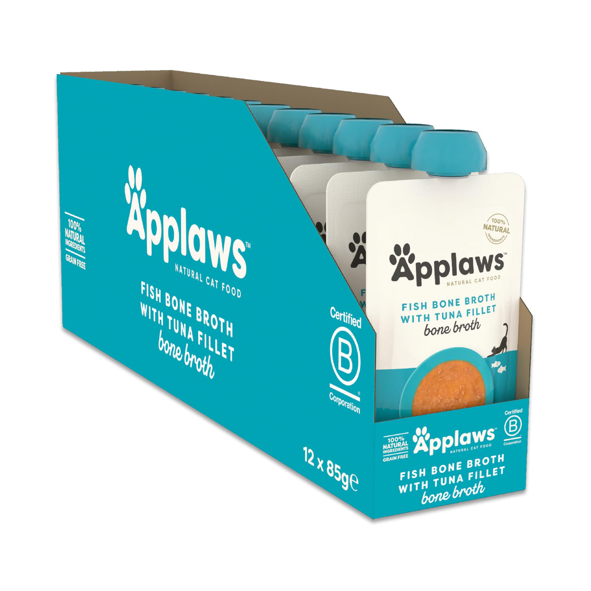 Applaws Natural Cat Food Toppers, Fish Bone Broth Pouches - 4 x 85g