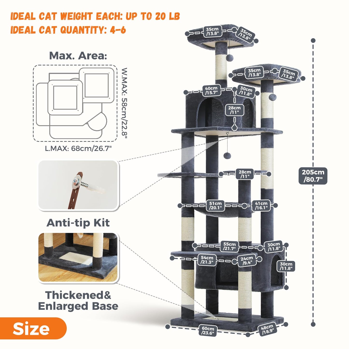 PAWZ Road Cat Tree for Large Cats, 184cm Tall Cat Tower with Large Condo