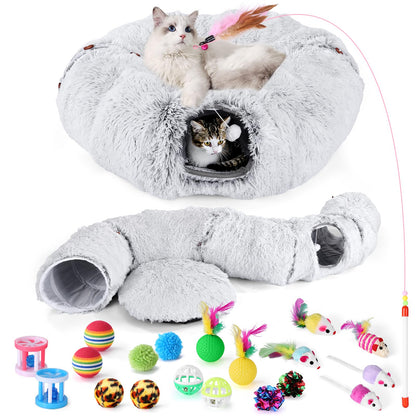 Odoland Cat Tunnel with Bed, Foldable Large Pet Donut Tunnel Bed in Linen