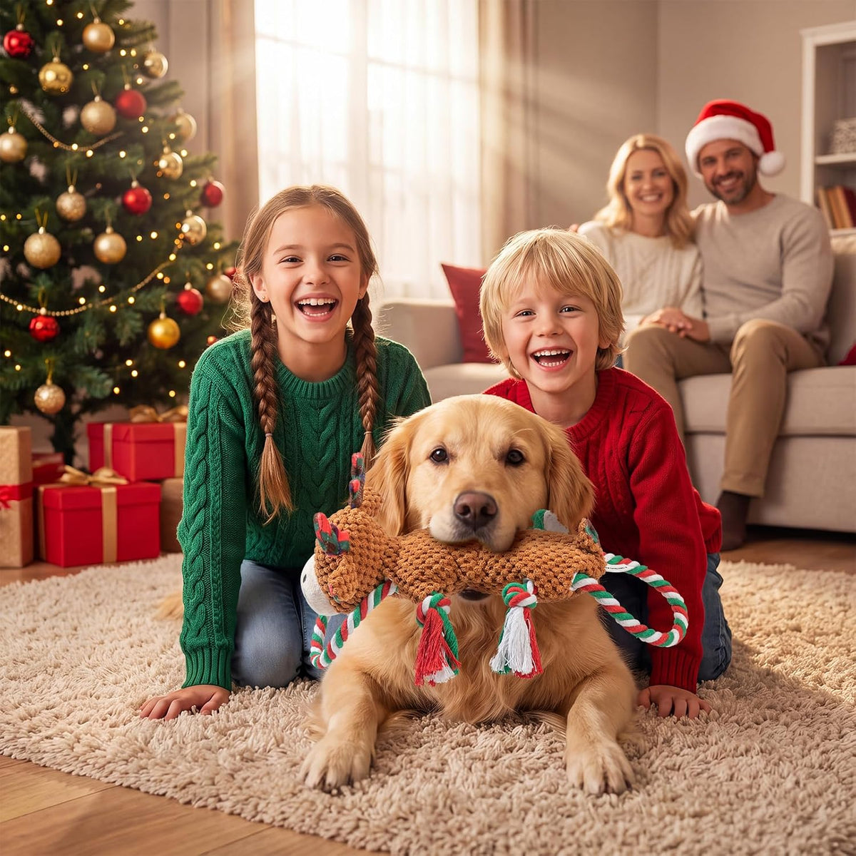 Christmas Squeaky Dog Toys for Small Breeds Dogs,Reindeer Dog Plush Stuffed Toys,Dog Chew Ropes Toys with Crinkle Paper and Cotton Material