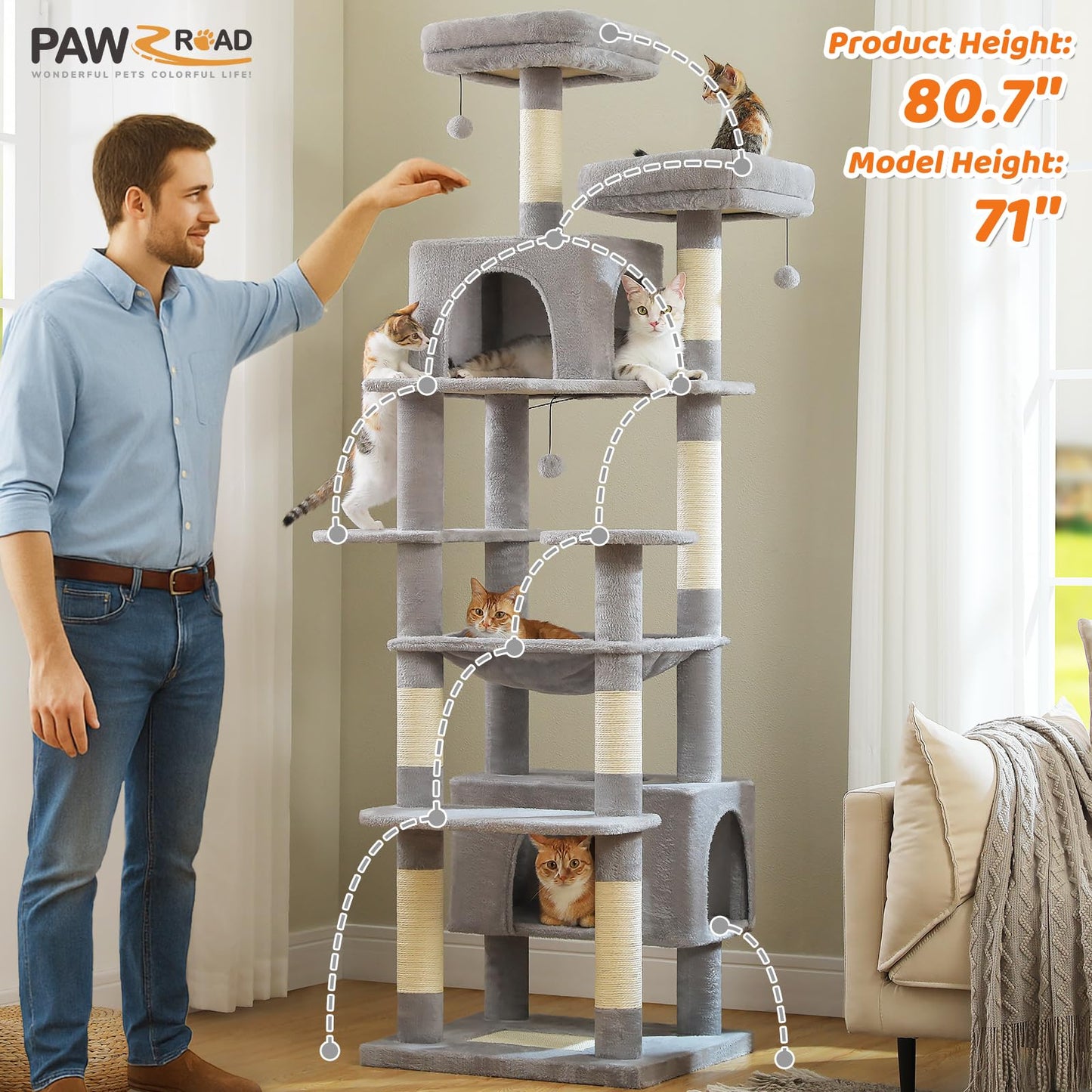 PAWZ Road Cat Tree for Large Cats, 184cm Tall Cat Tower with Large Condo