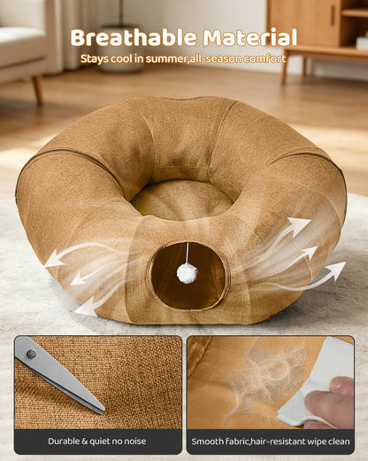 Odoland Cat Tunnel with Bed, Foldable Large Pet Donut Tunnel Bed in Linen
