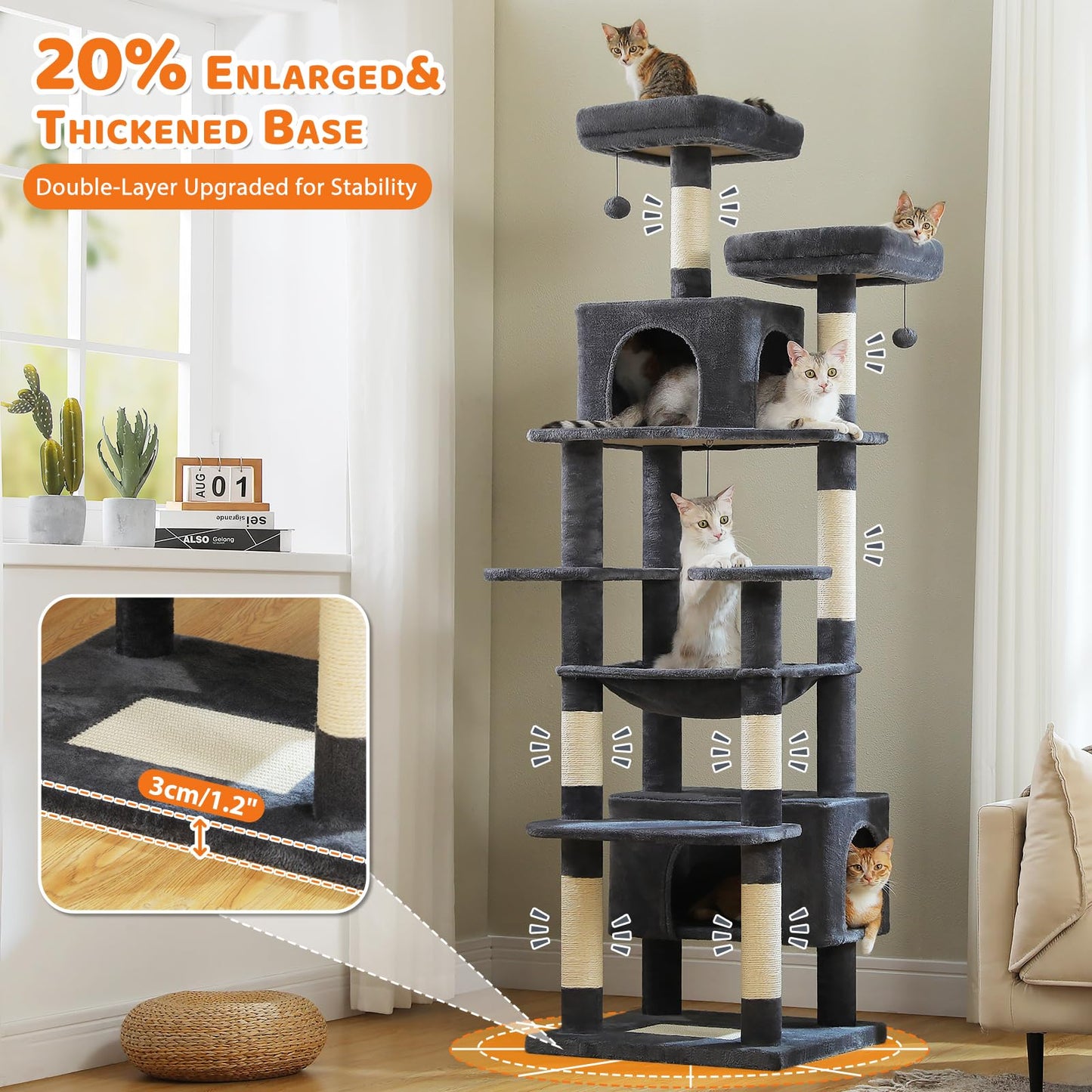 PAWZ Road Cat Tree for Large Cats, 184cm Tall Cat Tower with Large Condo