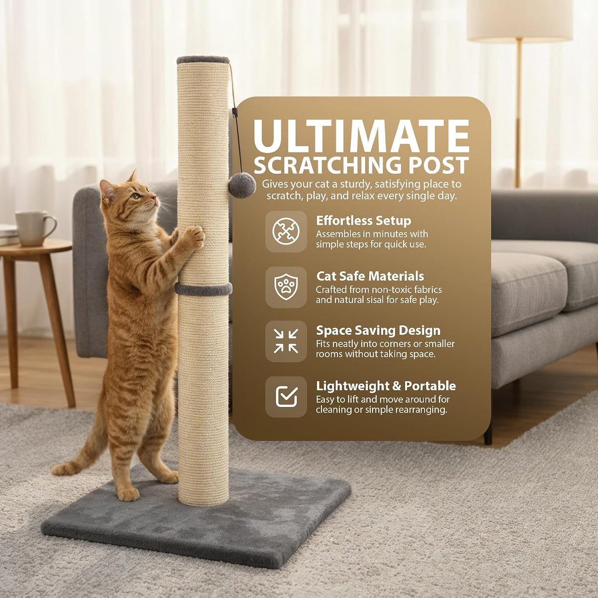 Rex & Roxy Cat Scratching Post 80CM | Tall Sisal Scratch Pole For Indoor Cats | Plush Base Cat Tower With Hanging Toy | Strong Post For Kittens And Large Breeds