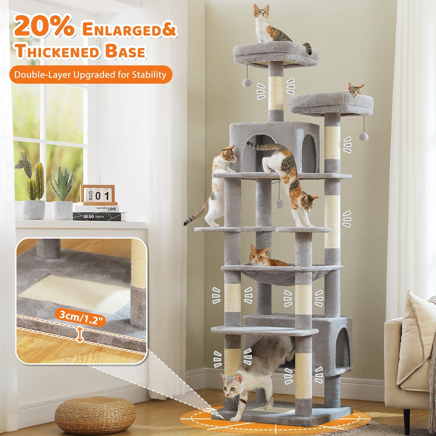 PAWZ Road Cat Tree for Large Cats, 184cm Tall Cat Tower with Large Condo