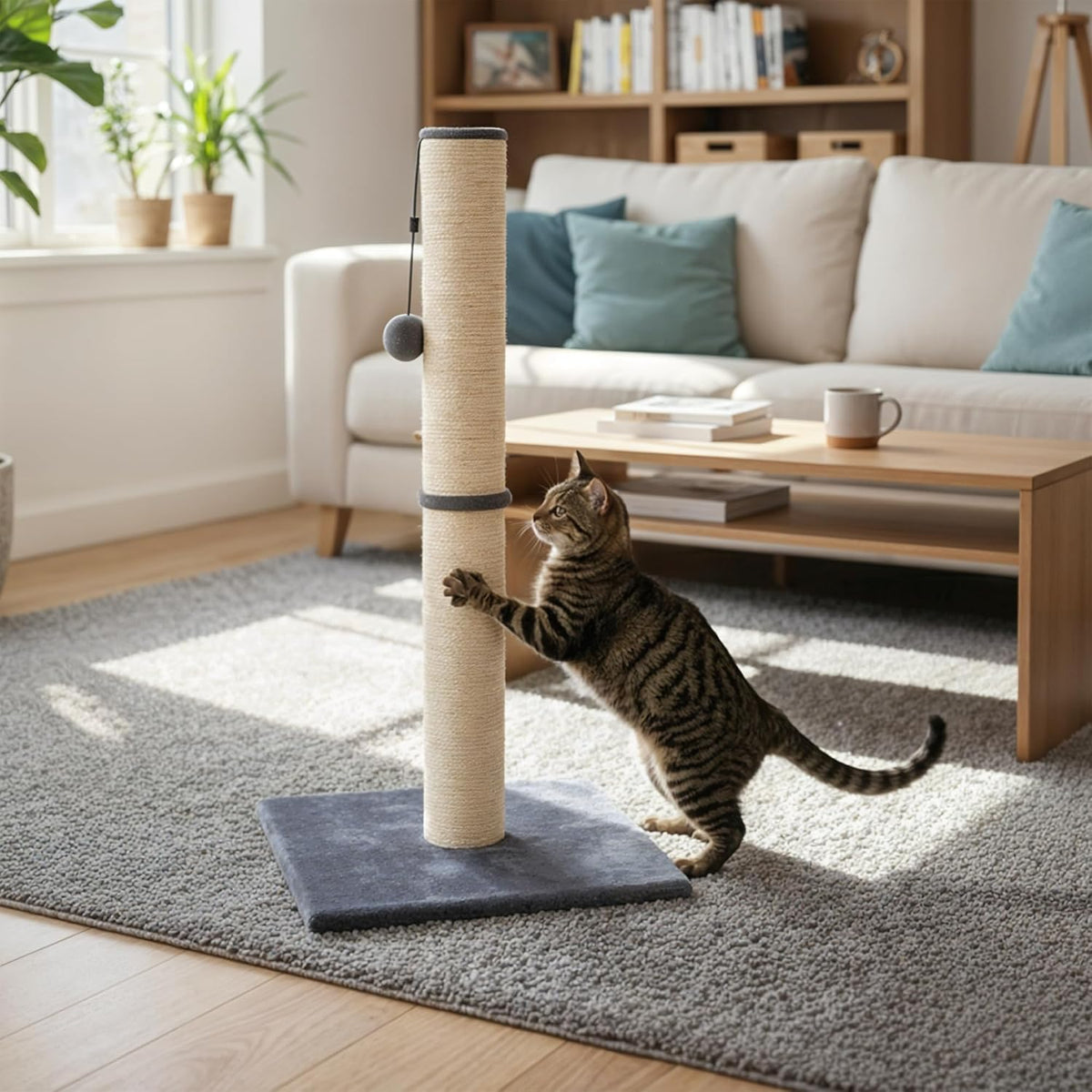 Rex & Roxy Cat Scratching Post 80CM | Tall Sisal Scratch Pole For Indoor Cats | Plush Base Cat Tower With Hanging Toy | Strong Post For Kittens And Large Breeds
