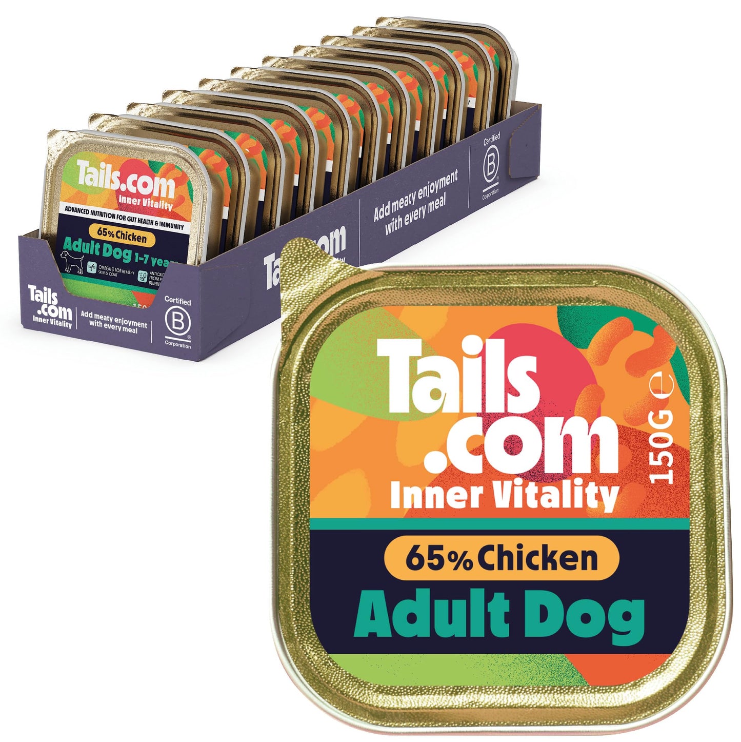 Tails.com Inner Vitality • Wet Dog Food 11 x 150g • Sensitive Chicken & Cod • Adult 1-7 years • Grain Free Recipe • Made with natural ingredients • Contains Omega 3 to Support Skin and Coat