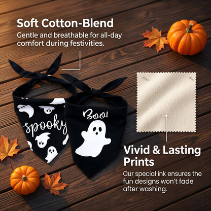 2Pcs Dog Halloween Costume, Pet Triangle Bandana, Black Orange Pumpkin Ghost Print Soft Bandanas, for Large Medium Small Dogs Cats, Halloween Cosplay Party Costumes, Holiday Photo Accessories