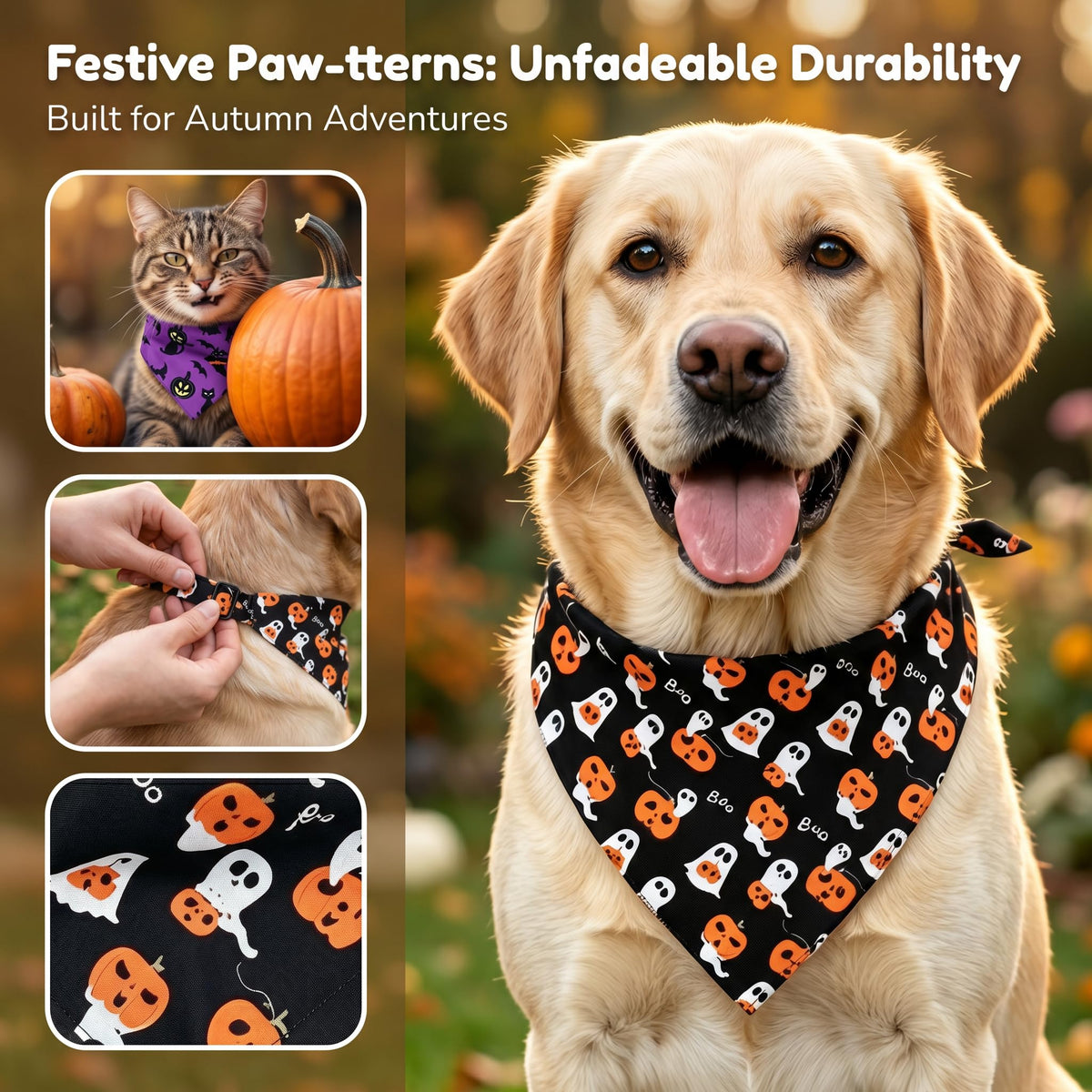 2Pcs Dog Halloween Costume, Pet Triangle Bandana, Black Orange Pumpkin Ghost Print Soft Bandanas, for Large Medium Small Dogs Cats, Halloween Cosplay Party Costumes, Holiday Photo Accessories
