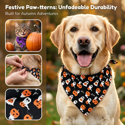 2Pcs Dog Halloween Costume, Pet Triangle Bandana, Black Orange Pumpkin Ghost Print Soft Bandanas, for Large Medium Small Dogs Cats, Halloween Cosplay Party Costumes, Holiday Photo Accessories