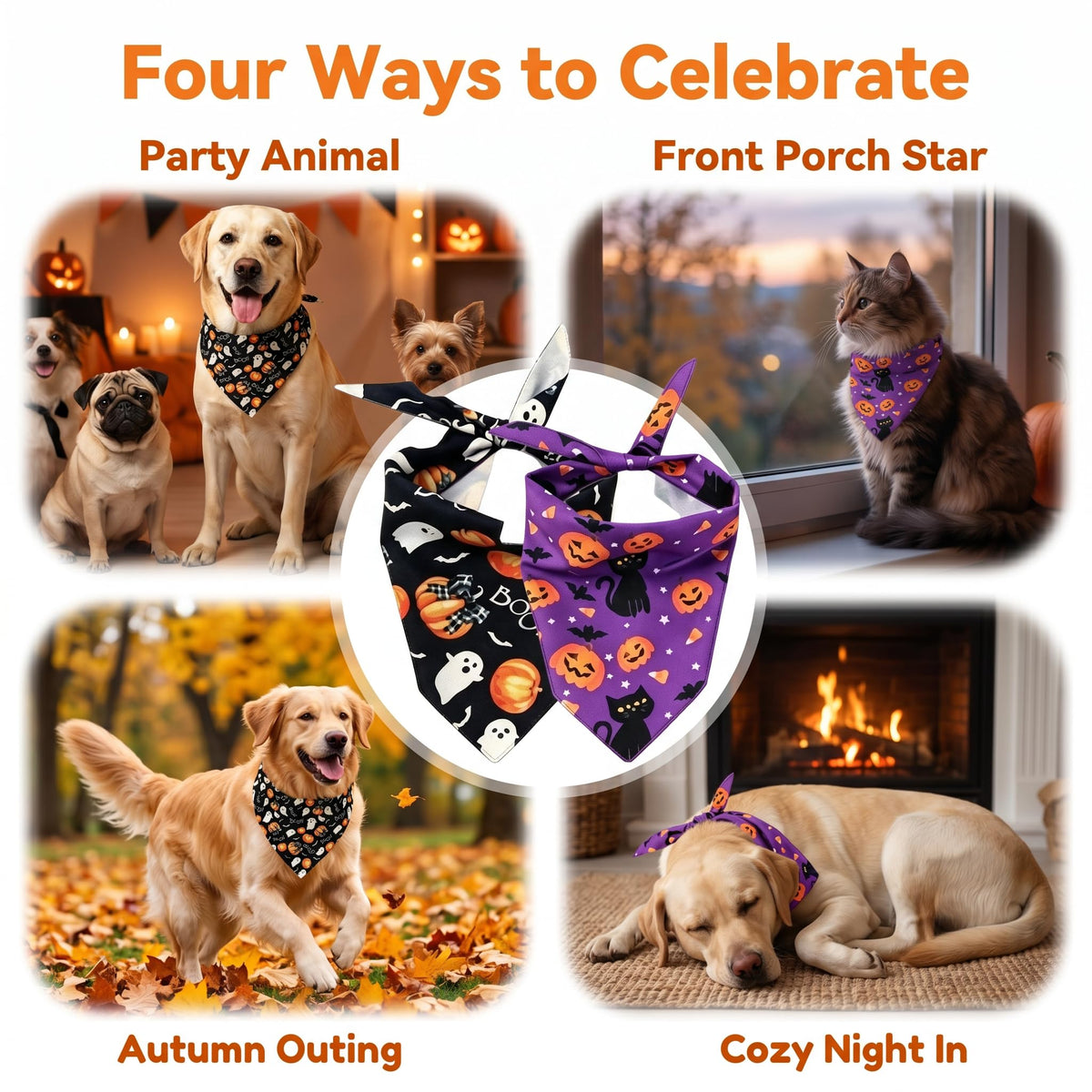 2Pcs Dog Halloween Costume, Pet Triangle Bandana, Black Orange Pumpkin Ghost Print Soft Bandanas, for Large Medium Small Dogs Cats, Halloween Cosplay Party Costumes, Holiday Photo Accessories