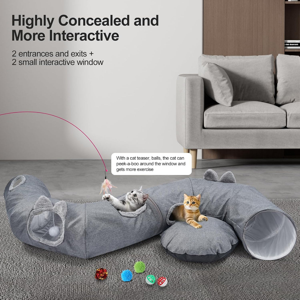 Odoland Cat Tunnel with Bed, Foldable Large Pet Donut Tunnel Bed in Linen