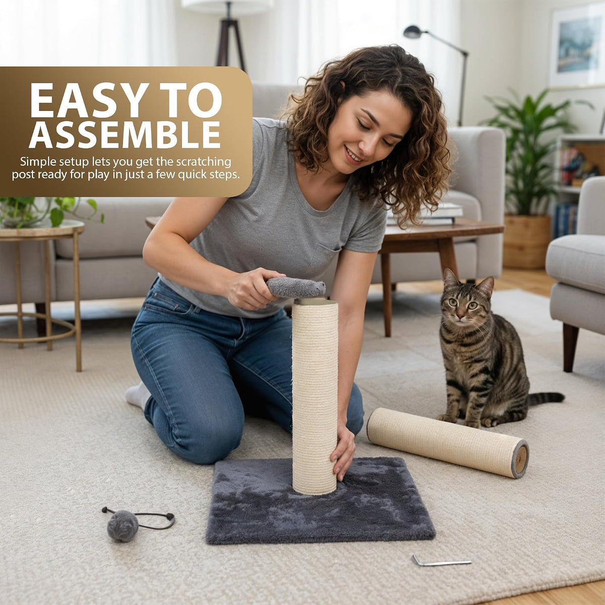 Rex & Roxy Cat Scratching Post 80CM | Tall Sisal Scratch Pole For Indoor Cats | Plush Base Cat Tower With Hanging Toy | Strong Post For Kittens And Large Breeds