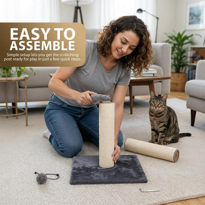 Rex & Roxy Cat Scratching Post 80CM | Tall Sisal Scratch Pole For Indoor Cats | Plush Base Cat Tower With Hanging Toy | Strong Post For Kittens And Large Breeds