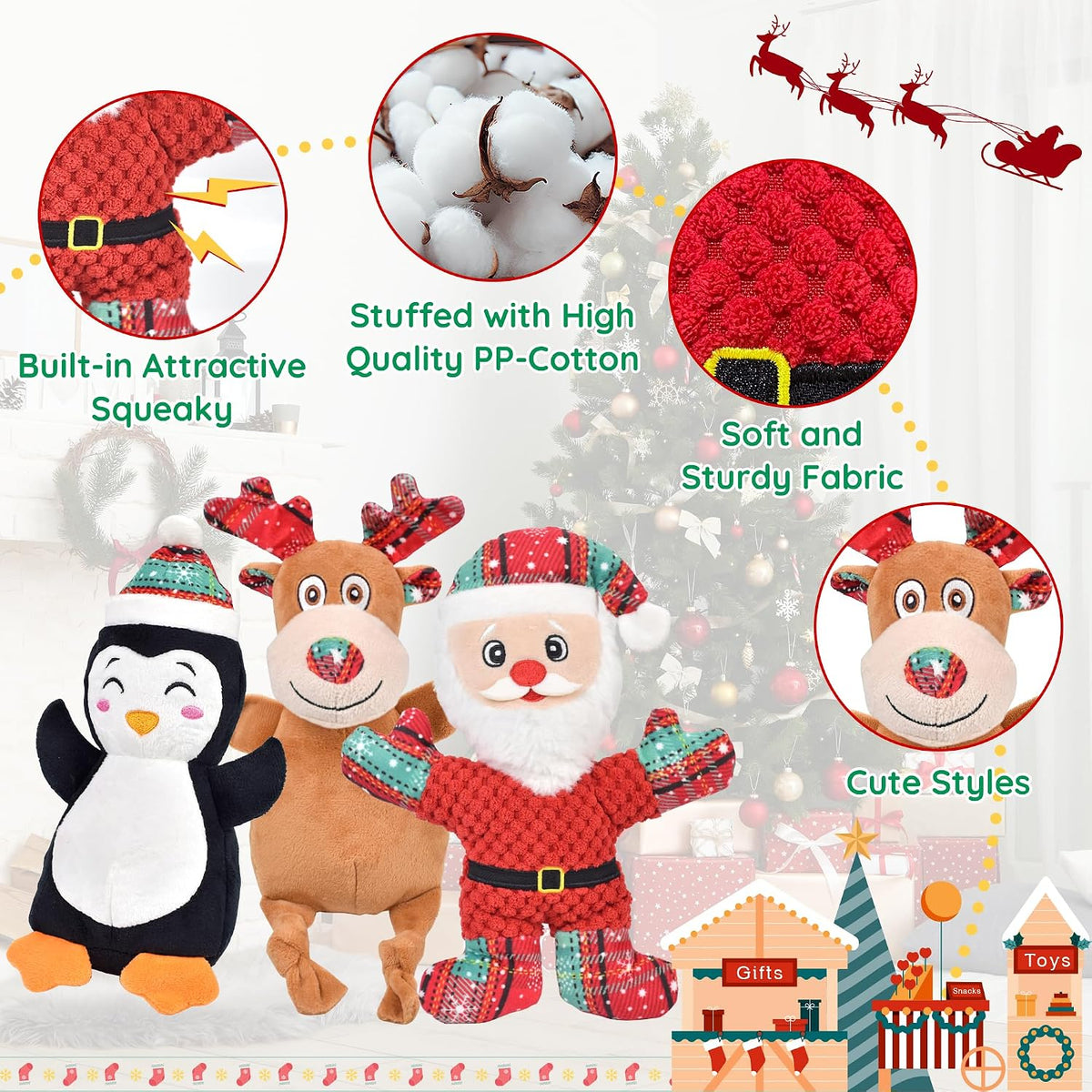3 Pack Christmas Dog Toys Squeaky Dog Toys Christmas Pet Stuffed Plush Toys Interactive Durable Dogs Chew Toys for Medium Small Large Dogs