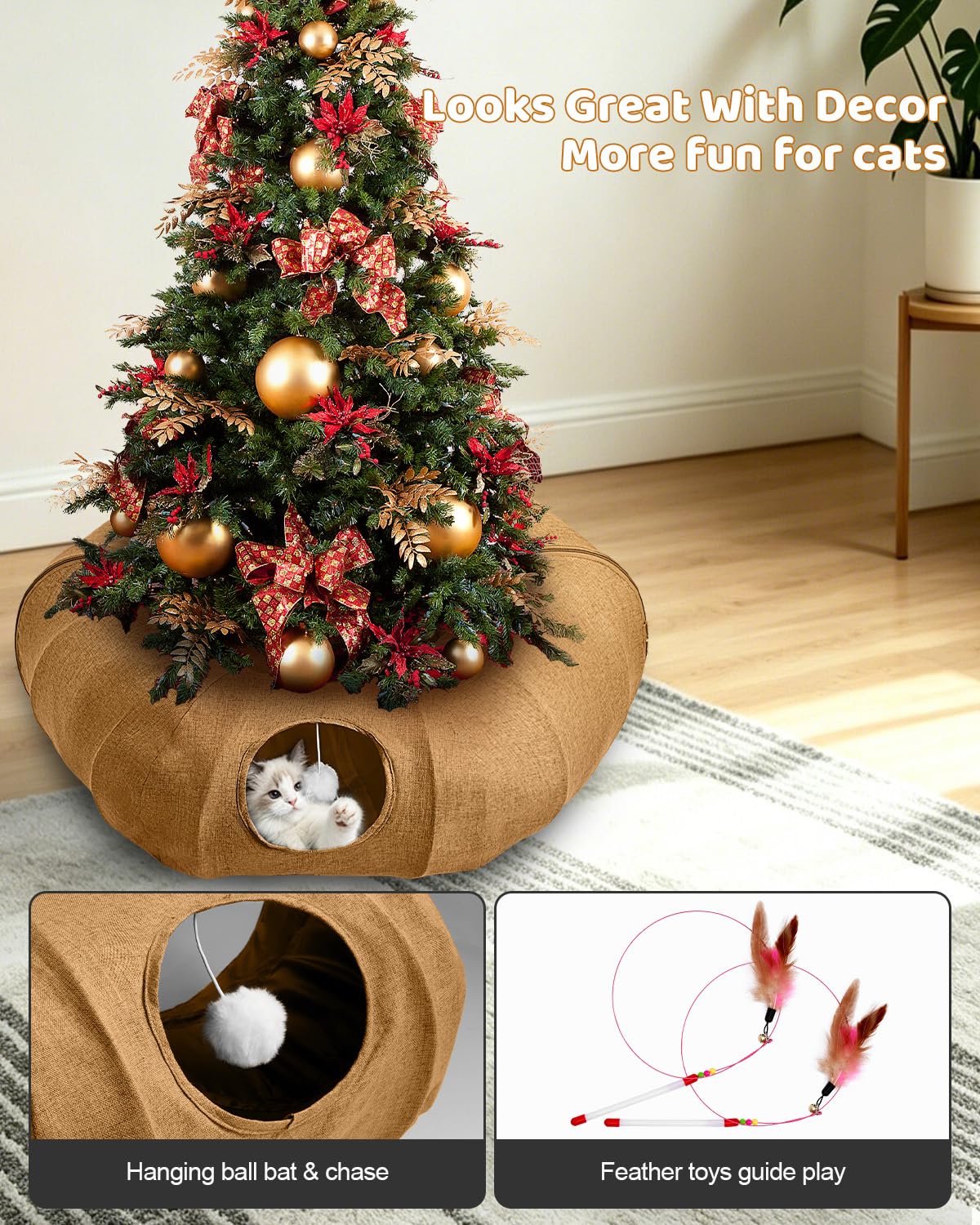 Odoland Cat Tunnel with Bed, Foldable Large Pet Donut Tunnel Bed in Linen