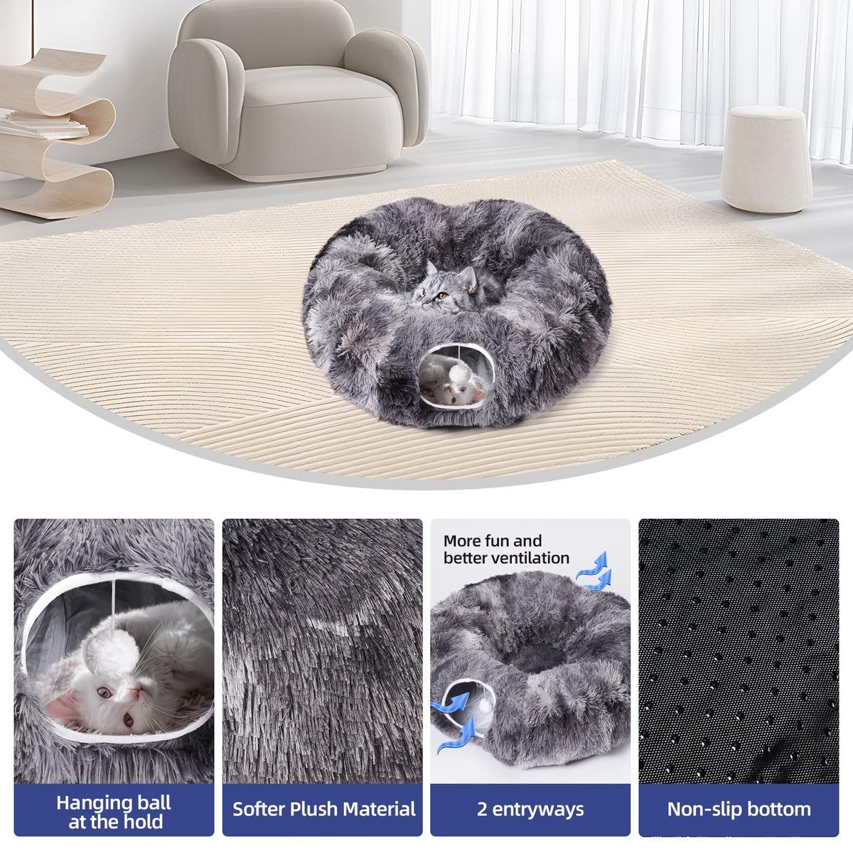 Odoland Cat Tunnel with Bed, Foldable Large Pet Donut Tunnel Bed in Linen