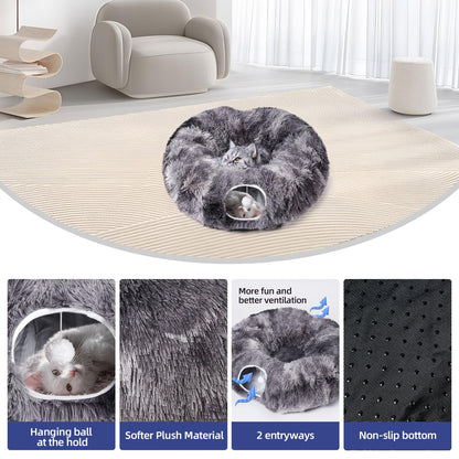 Odoland Cat Tunnel with Bed, Foldable Large Pet Donut Tunnel Bed in Linen