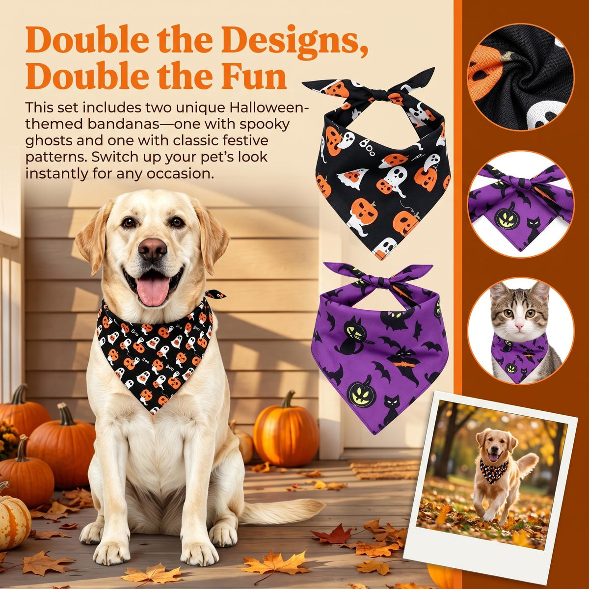 2Pcs Dog Halloween Costume, Pet Triangle Bandana, Black Orange Pumpkin Ghost Print Soft Bandanas, for Large Medium Small Dogs Cats, Halloween Cosplay Party Costumes, Holiday Photo Accessories