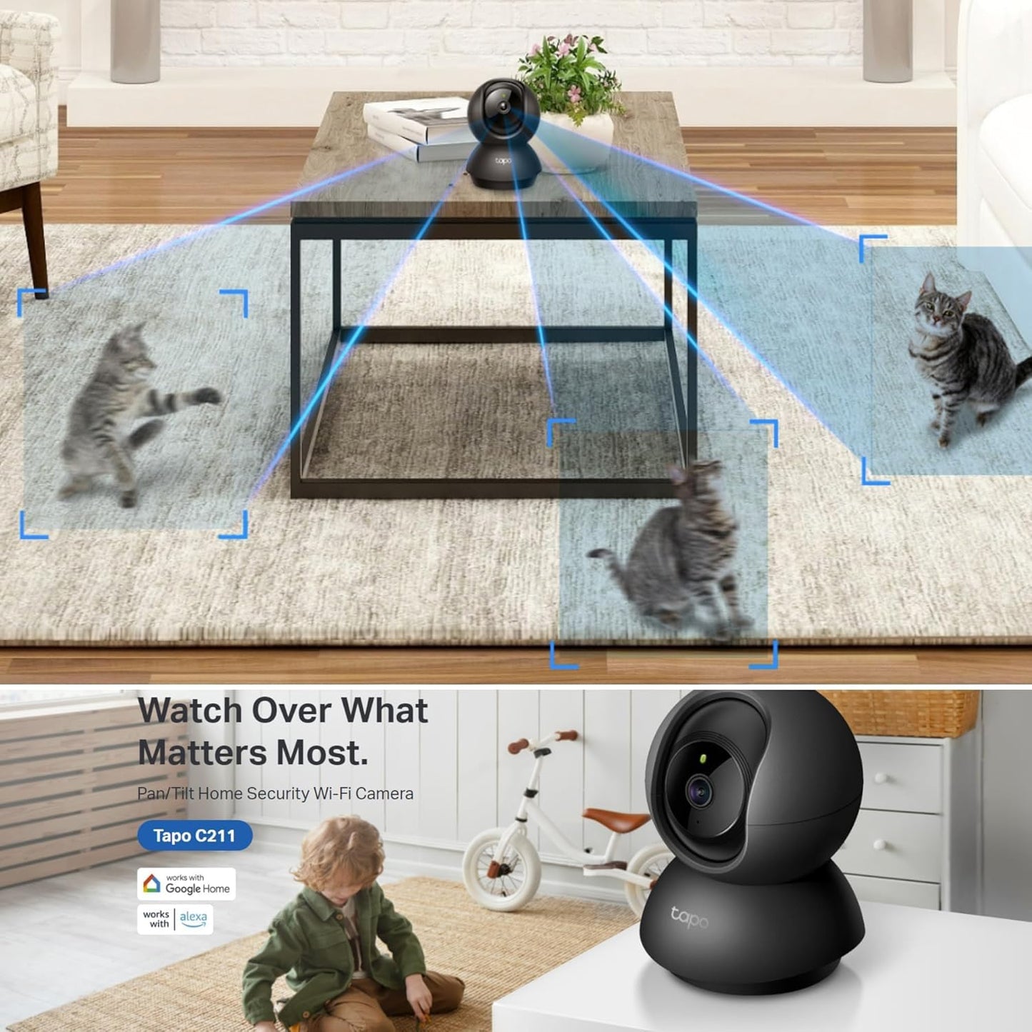 Tapo C211 2K 3MP Pan/Tilt Indoor Camera House Security Camera, WiFi Camera, No Monthly Fee, AI Detection, Dog Camera, Baby Camera Monitor, CCTV, 360° View, Night Vision, Works with Alexa & Google