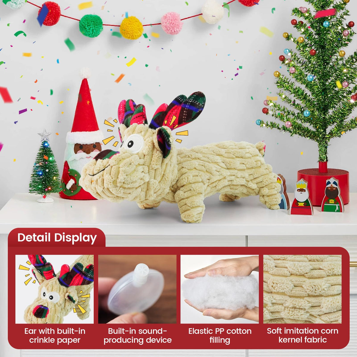 Christmas Dog Toy – Reindeer Plush with Squeaker & Crinkle Ears Durable Corduroy Texture Soft PP Cotton Filled Festive Gift Toy for Small & Medium Dogs Cute Holiday Chew & Fetch Toy