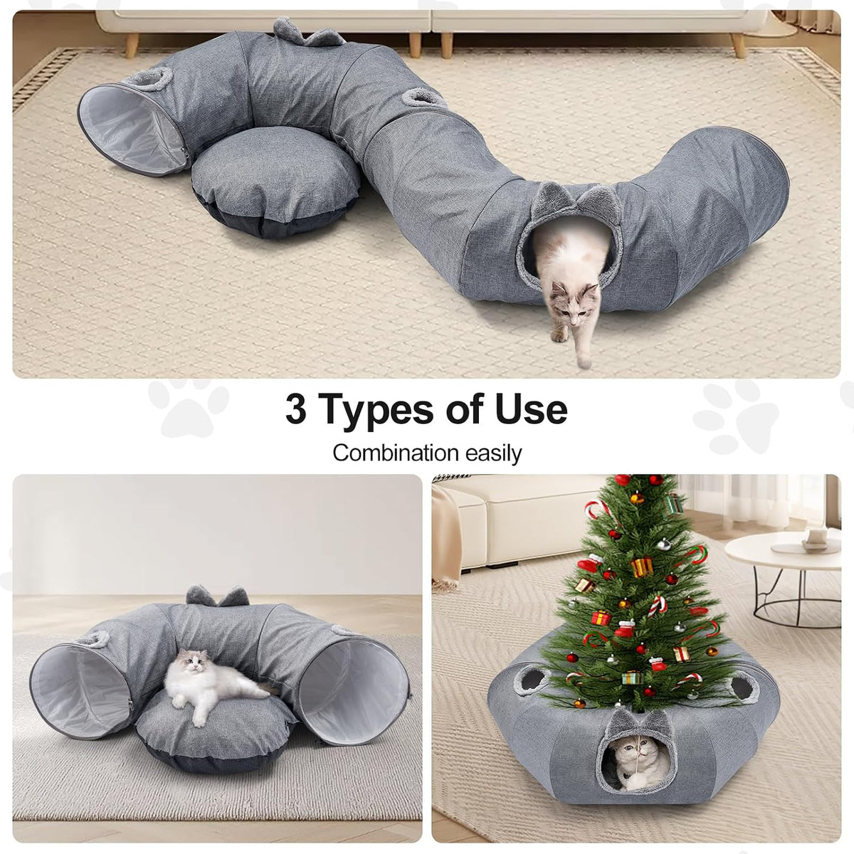 Odoland Cat Tunnel with Bed, Foldable Large Pet Donut Tunnel Bed in Linen