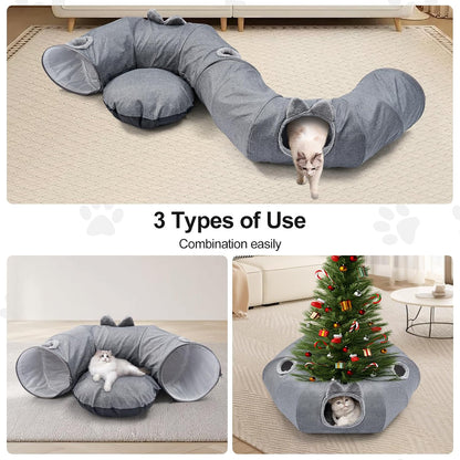Odoland Cat Tunnel with Bed, Foldable Large Pet Donut Tunnel Bed in Linen