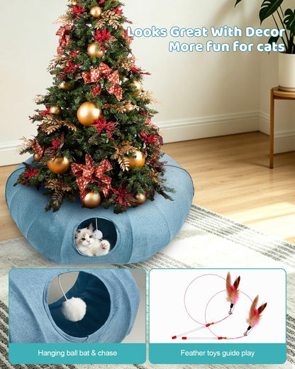 Odoland Cat Tunnel with Bed, Foldable Large Pet Donut Tunnel Bed in Linen