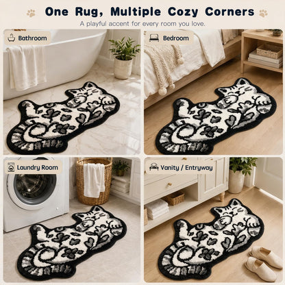Cute Cat Bath Mat, Unique Blue Small Fun Bathroom Rug