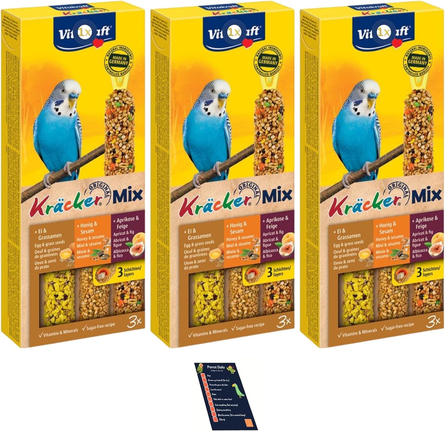 Bundle Budgies Crackers Trio-Mix including Egg, Grass Seeds, Apricot, Fig, Honey, Sesame - Pack of 3 (9 sticks in total - 270g) with Info Card