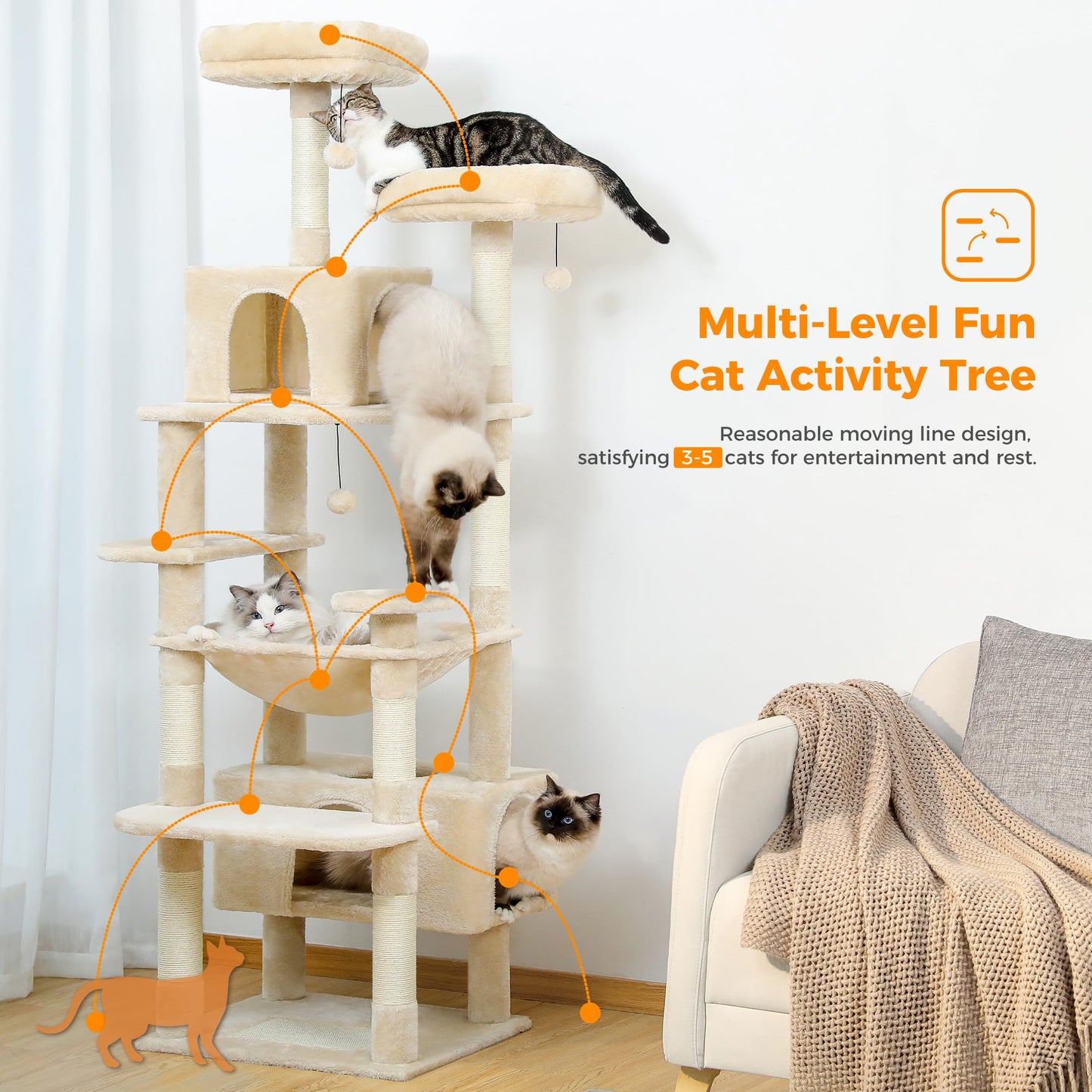 PAWZ Road Cat Tree for Large Cats, 184cm Tall Cat Tower with Large Condo