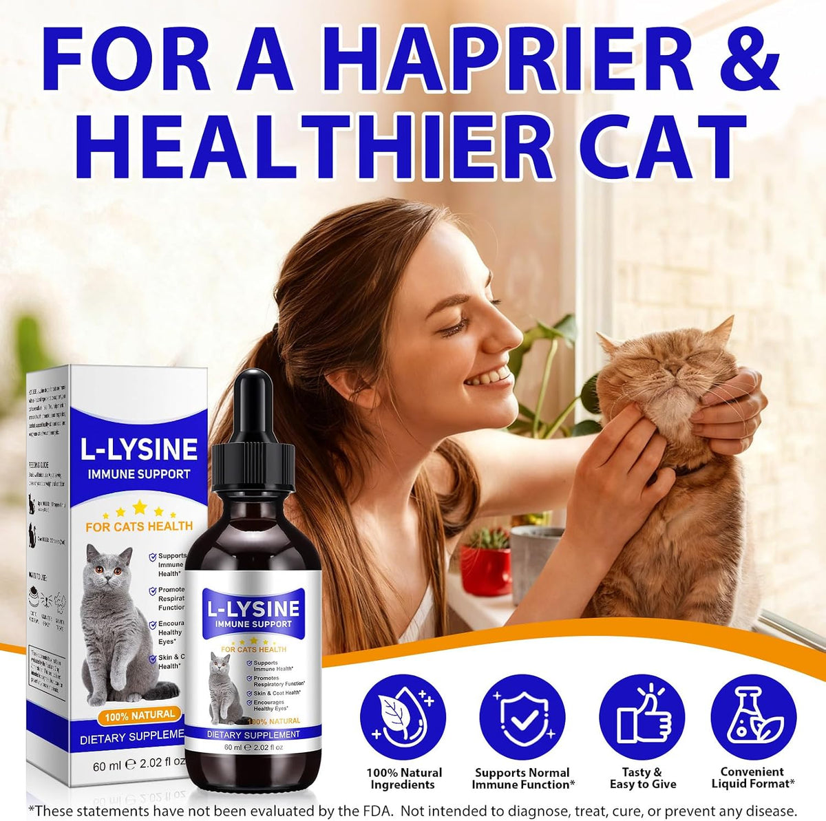 Lysine for Cats, L-Lysine Supplement Liquid Drops for Cats Supports Immune & Respiratory Health,Helps with Sneezing, Eye Discharge and Watery Eyes