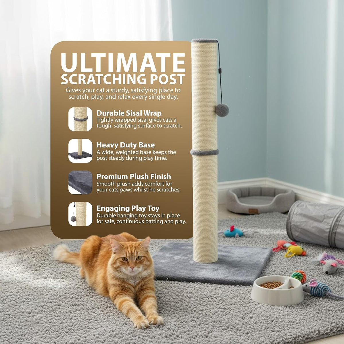 Rex & Roxy Cat Scratching Post 80CM | Tall Sisal Scratch Pole For Indoor Cats | Plush Base Cat Tower With Hanging Toy | Strong Post For Kittens And Large Breeds
