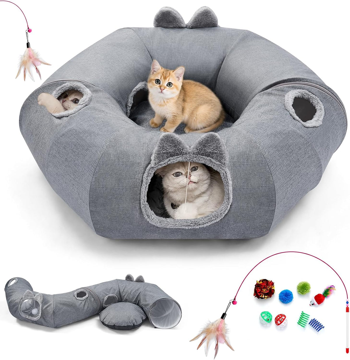 Odoland Cat Tunnel with Bed, Foldable Large Pet Donut Tunnel Bed in Linen