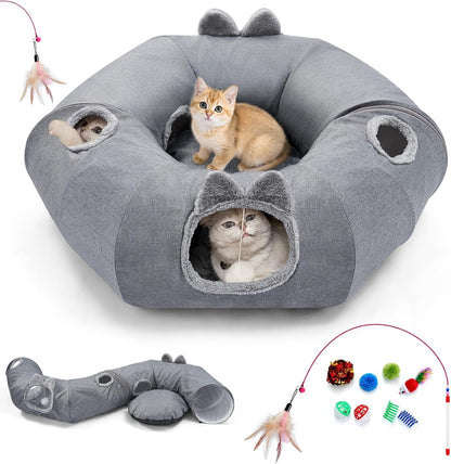 Odoland Cat Tunnel with Bed, Foldable Large Pet Donut Tunnel Bed in Linen