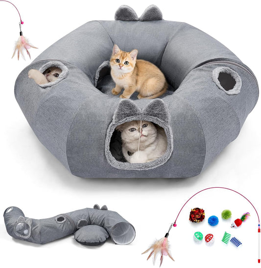 Odoland Cat Tunnel with Bed, Foldable Large Pet Donut Tunnel Bed in Linen