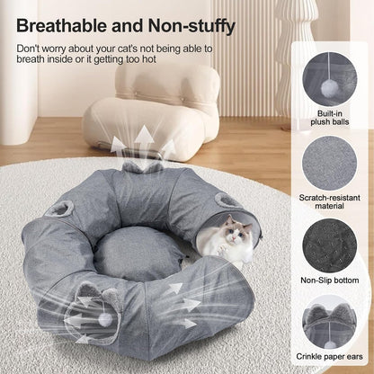 Odoland Cat Tunnel with Bed, Foldable Large Pet Donut Tunnel Bed in Linen