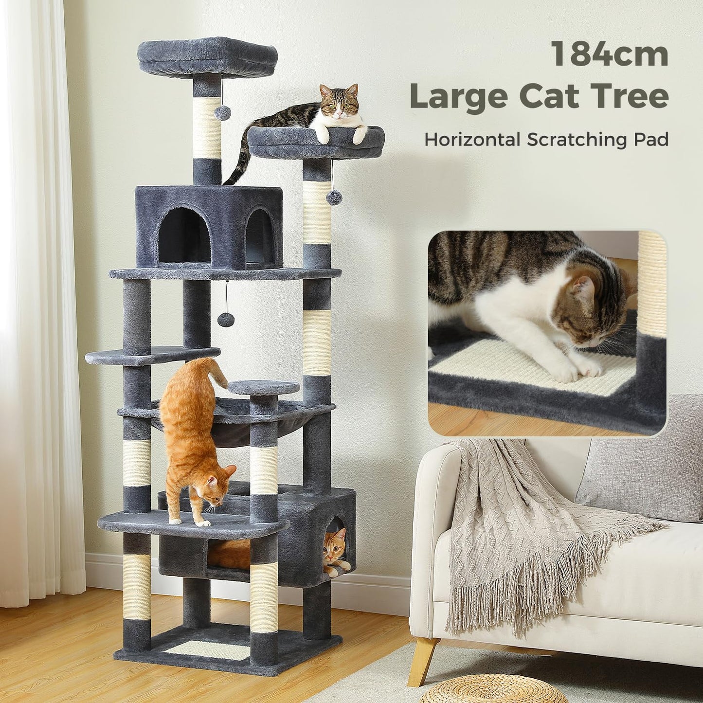 PAWZ Road Cat Tree for Large Cats, 184cm Tall Cat Tower with Large Condo