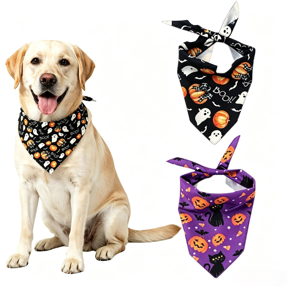 2Pcs Dog Halloween Costume, Pet Triangle Bandana, Black Orange Pumpkin Ghost Print Soft Bandanas, for Large Medium Small Dogs Cats, Halloween Cosplay Party Costumes, Holiday Photo Accessories