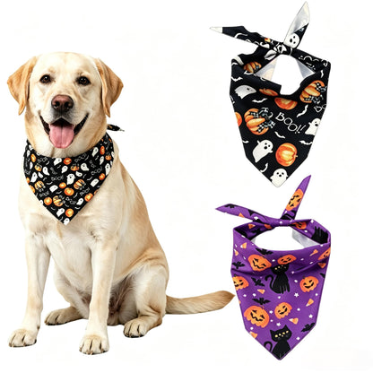 2Pcs Dog Halloween Costume, Pet Triangle Bandana, Black Orange Pumpkin Ghost Print Soft Bandanas, for Large Medium Small Dogs Cats, Halloween Cosplay Party Costumes, Holiday Photo Accessories