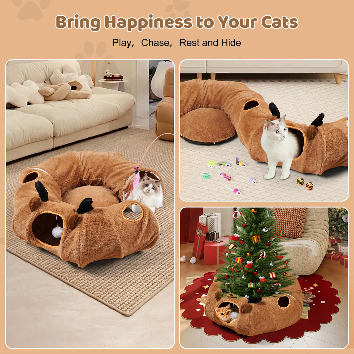 Odoland Cat Tunnel with Bed, Foldable Large Pet Donut Tunnel Bed in Linen