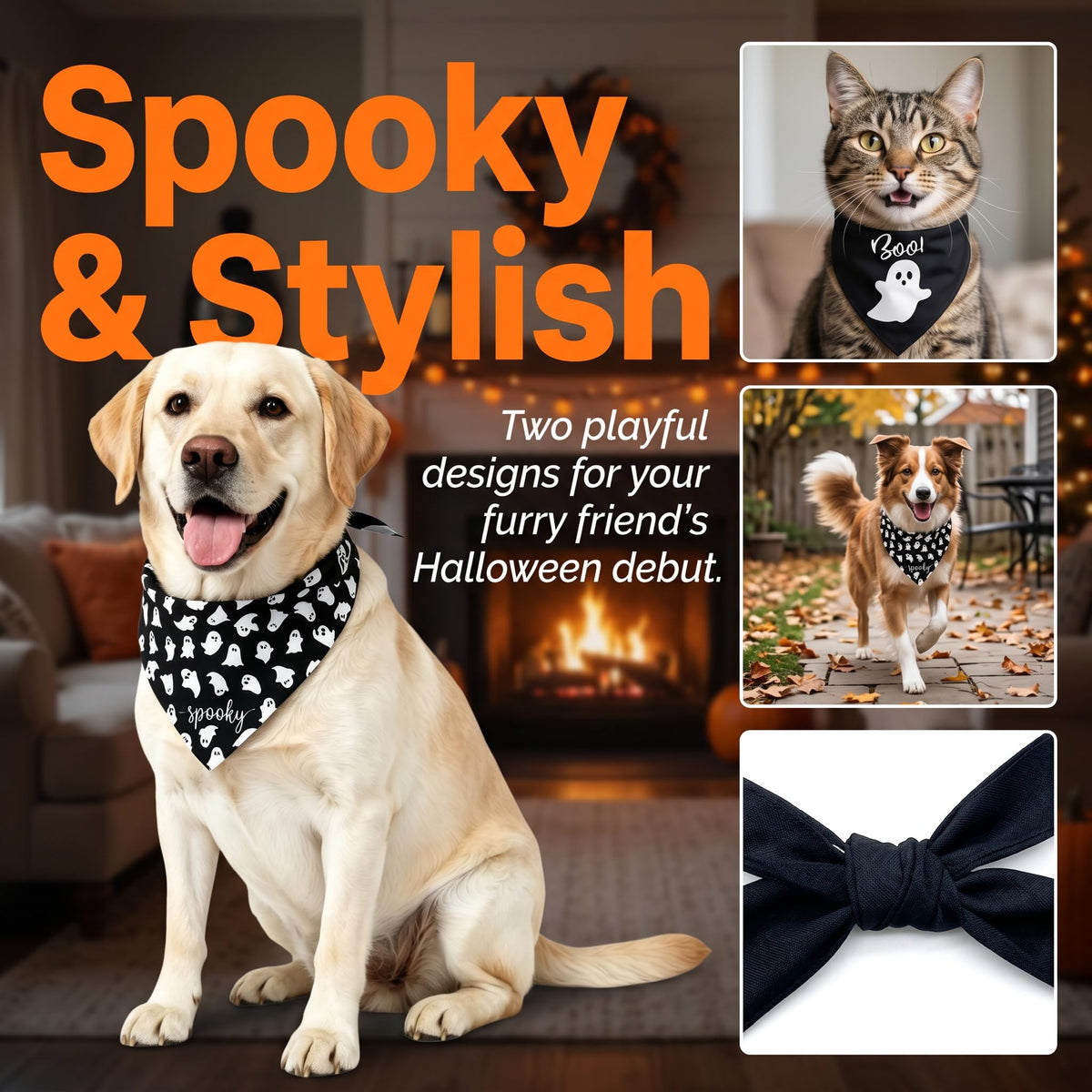 2Pcs Dog Halloween Costume, Pet Triangle Bandana, Black Orange Pumpkin Ghost Print Soft Bandanas, for Large Medium Small Dogs Cats, Halloween Cosplay Party Costumes, Holiday Photo Accessories