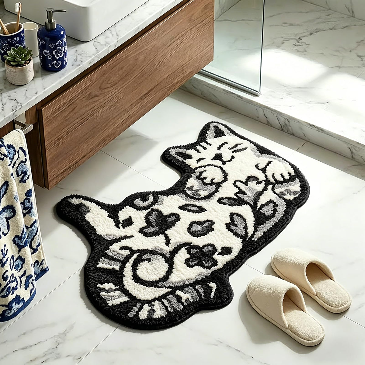Cute Cat Bath Mat, Unique Blue Small Fun Bathroom Rug