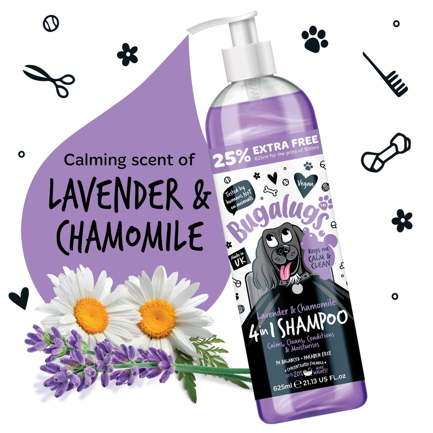 Bugalugs Lavender & Chamomile 4-in-1 Dog Shampoo and Conditioner - Professional Pet Grooming for Smelly Puppies - Vegan Formula (625ml)