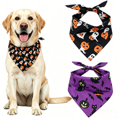 2Pcs Dog Halloween Costume, Pet Triangle Bandana, Black Orange Pumpkin Ghost Print Soft Bandanas, for Large Medium Small Dogs Cats, Halloween Cosplay Party Costumes, Holiday Photo Accessories