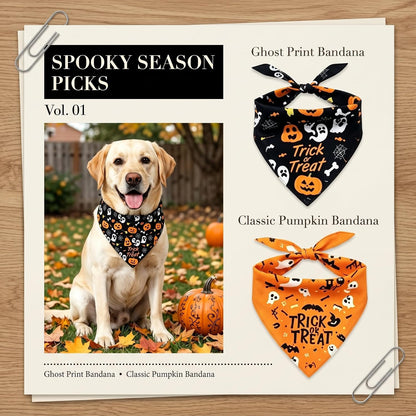 2Pcs Dog Halloween Costume, Pet Triangle Bandana, Black Orange Pumpkin Ghost Print Soft Bandanas, for Large Medium Small Dogs Cats, Halloween Cosplay Party Costumes, Holiday Photo Accessories