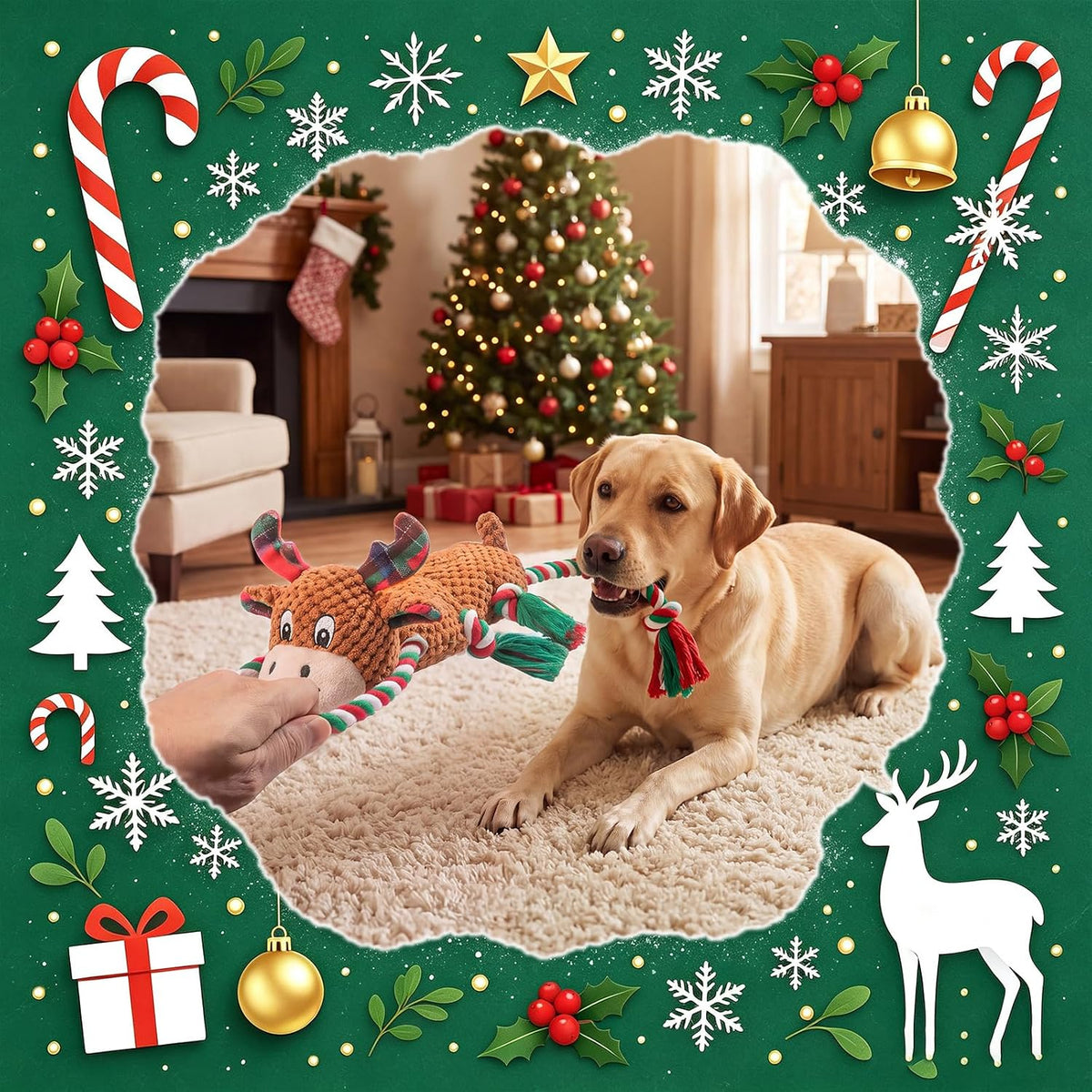 Christmas Squeaky Dog Toys for Small Breeds Dogs,Reindeer Dog Plush Stuffed Toys,Dog Chew Ropes Toys with Crinkle Paper and Cotton Material